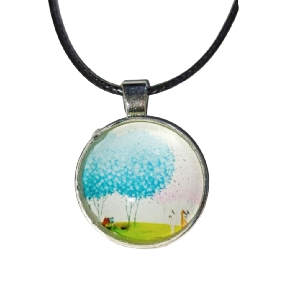 Tree Half Dome Glass Pendant with Black Cord Necklace